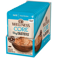 Row of twelve Wellness CORE Tiny Tasters Tuna Pate wet cat food pouches
