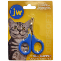 JW GripSoft cat nail clipper on its retail card, with a tabby cat photo and blue looped handles