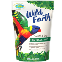 Vetafarm Wild Earth wet and dry lorikeet diet, 450g bag with rainbow lorikeet artwork