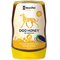 Korure Pets Dog Honey pet supplement, yellow squeeze bottle with manuka honey and mussel oil.