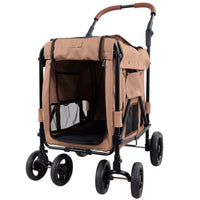 Ibiyaya Gentle Giant pet wagon stroller in tan, front three-quarter view with the mesh cabin zipped