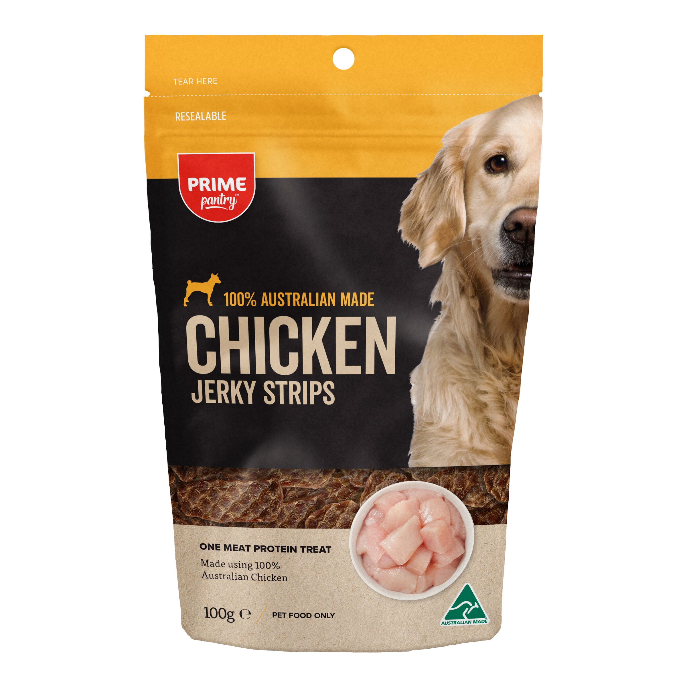 Prime100 SPT Dog Treats Chicken Jerky Strips front of pack