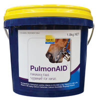 Kelato PulmonAID pulmonary feed supplement for horses in a 1.8kg navy tub with a yellow lid