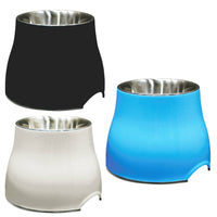 Two elevated dog dishes shown together, black and white, with a smaller blue one beside them