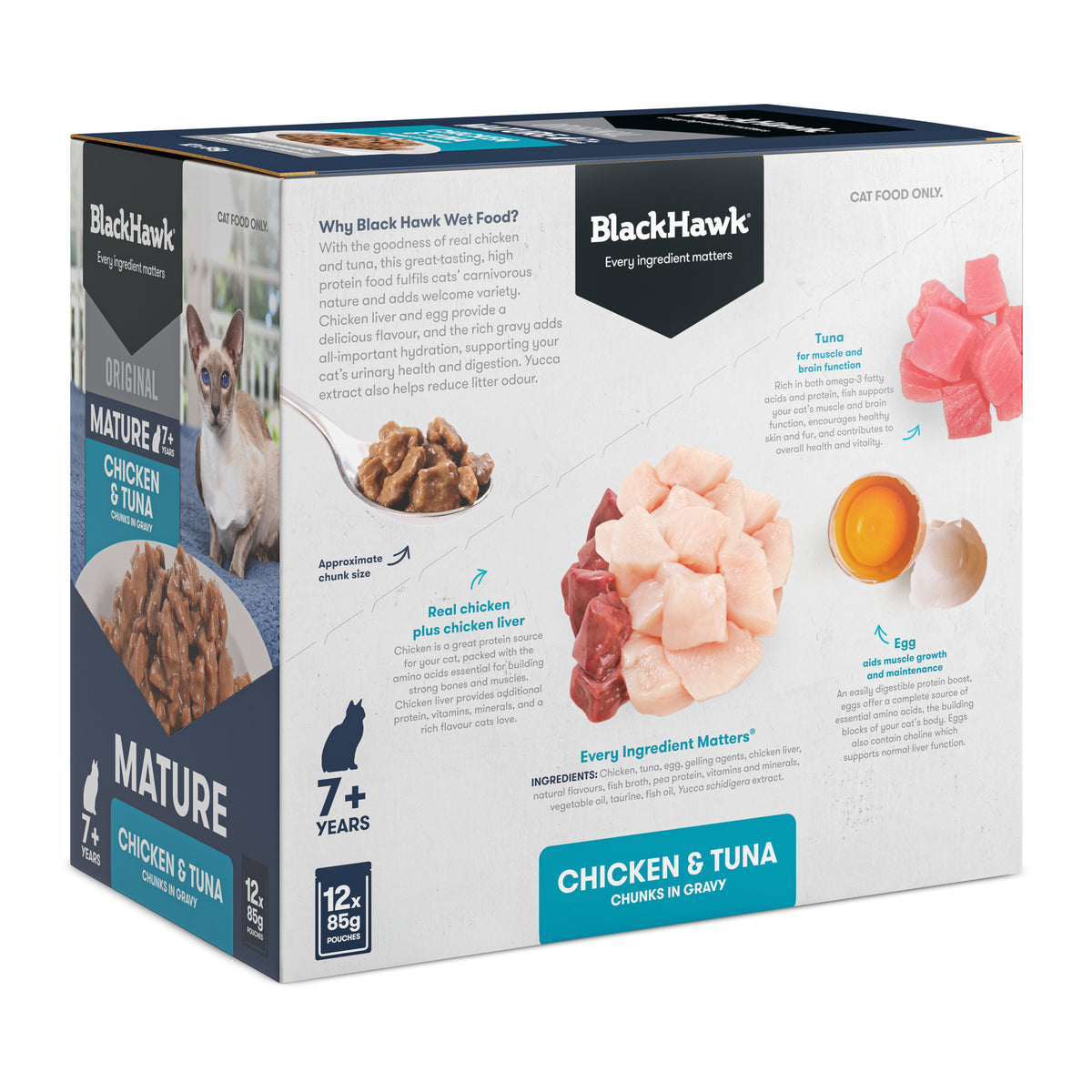 Black Hawk Original Mature 7+ Chicken & Tuna carton – angled view showing key ingredients
