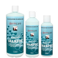 Three sizes of Dermcare Natural Shampoo standing side by side