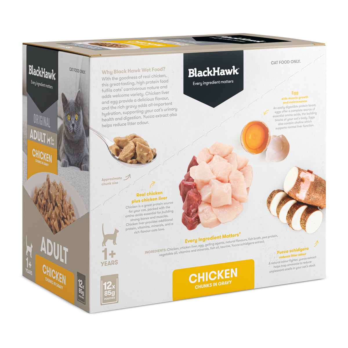 Black Hawk Original Adult Chicken carton – angled view showing key ingredients