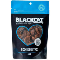 BlackCat Naturally Good Treats Fish Delites 60g pouch with a blue top and heart window