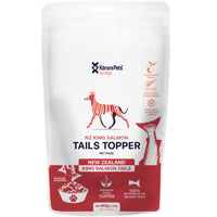Korure Pets NZ King Salmon Tails Topper for dogs, white and red pouch with a dog graphic.