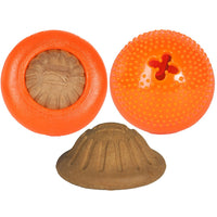Starmark Everlasting Treat Bento Ball in orange shown open, with a separate brown Everlasting treat
