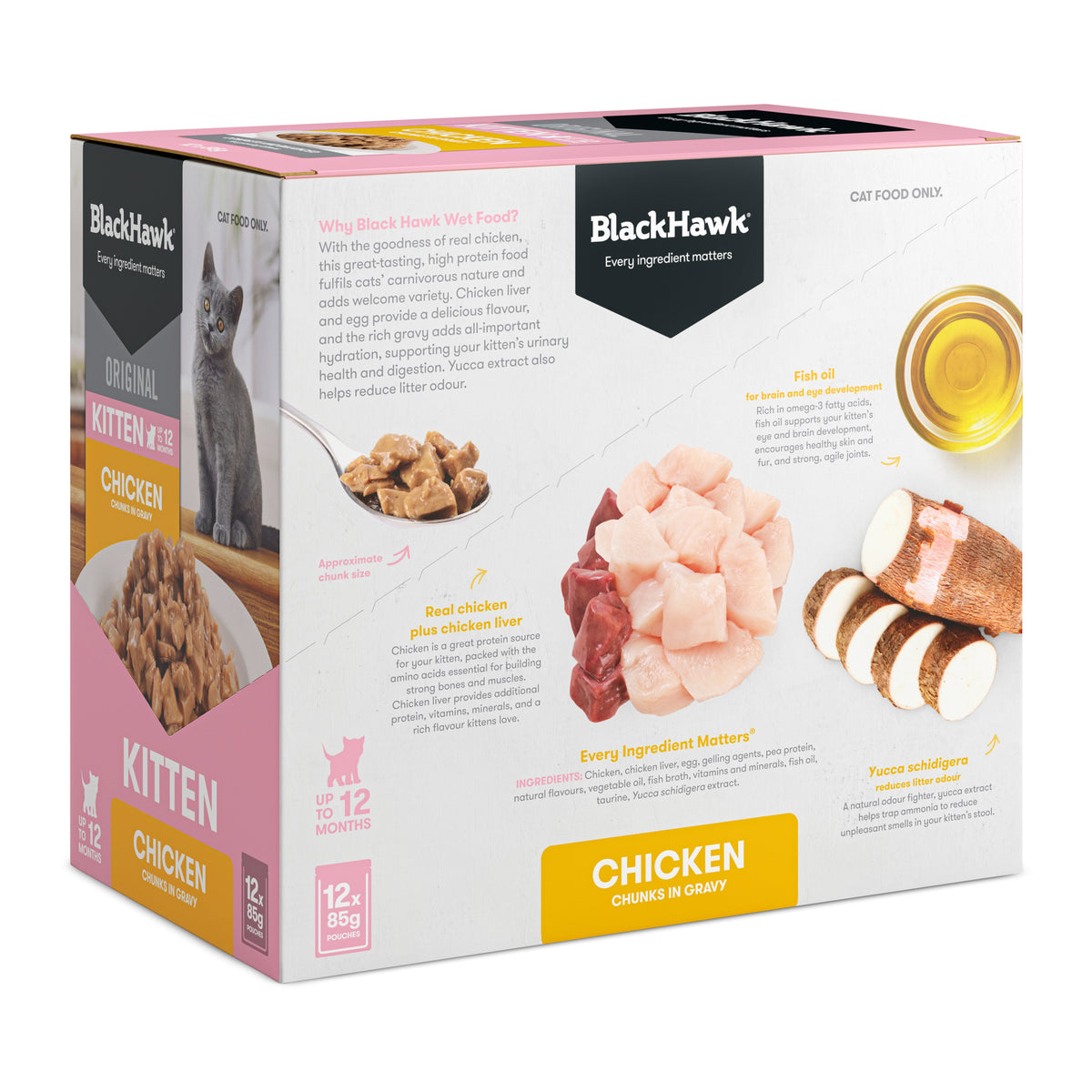 Black Hawk Original Kitten Chicken in gravy carton – angled view showing key ingredients
