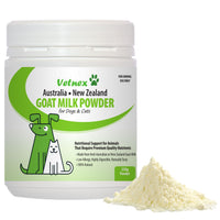 Vetnex Australia New Zealand Goat Milk Powder tub with a pile of the cream powder beside it