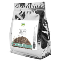 Crooked Lane Harvest Chia Seeds 1kg bag front, silver foil pouch with a teal label strip