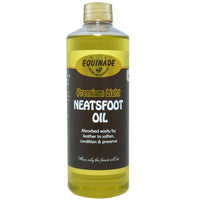 Equinade Premium Light Neatsfoot Oil in a 500ml clear bottle of pale yellow oil