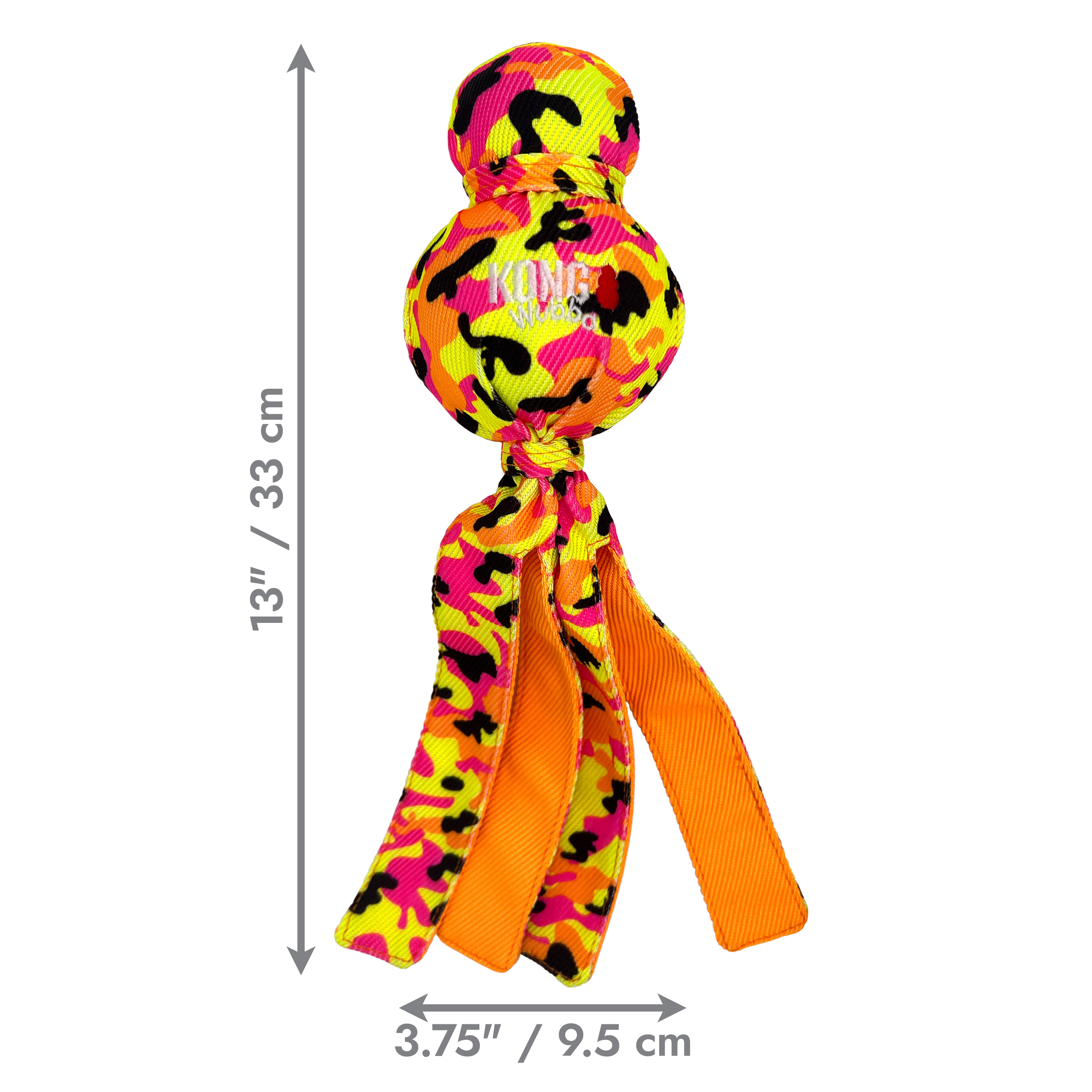 KONG Dog Toys Wubba Ballistic High-Viz with dimensions marked