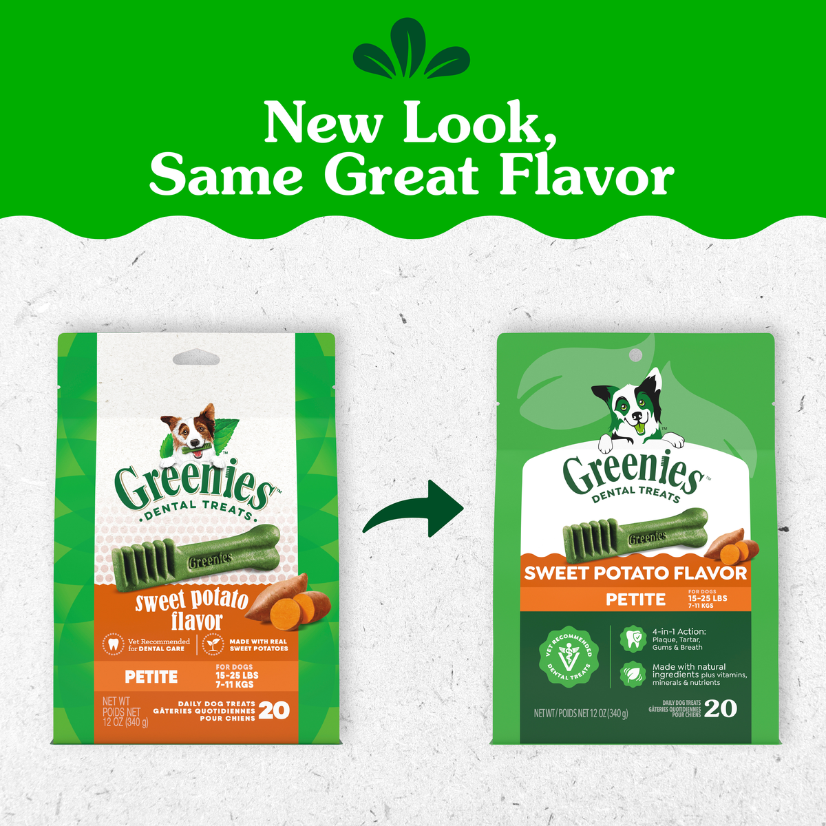 GREENIES packaging update: old and new Sweet Potato Flavour Petite packs side by side