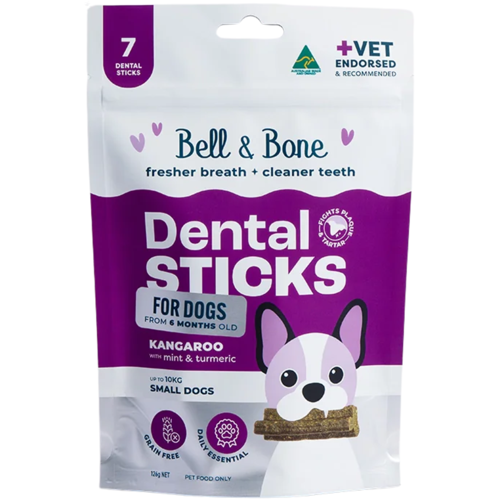 Bell and Bone Dental Sticks for Adult Dogs - Kangaroo, Mint & Turmeric