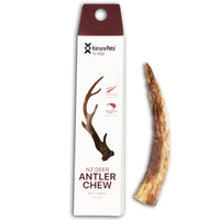 Korure Pets NZ Deer Antler Chew for dogs, white carton beside a whole antler chew.
