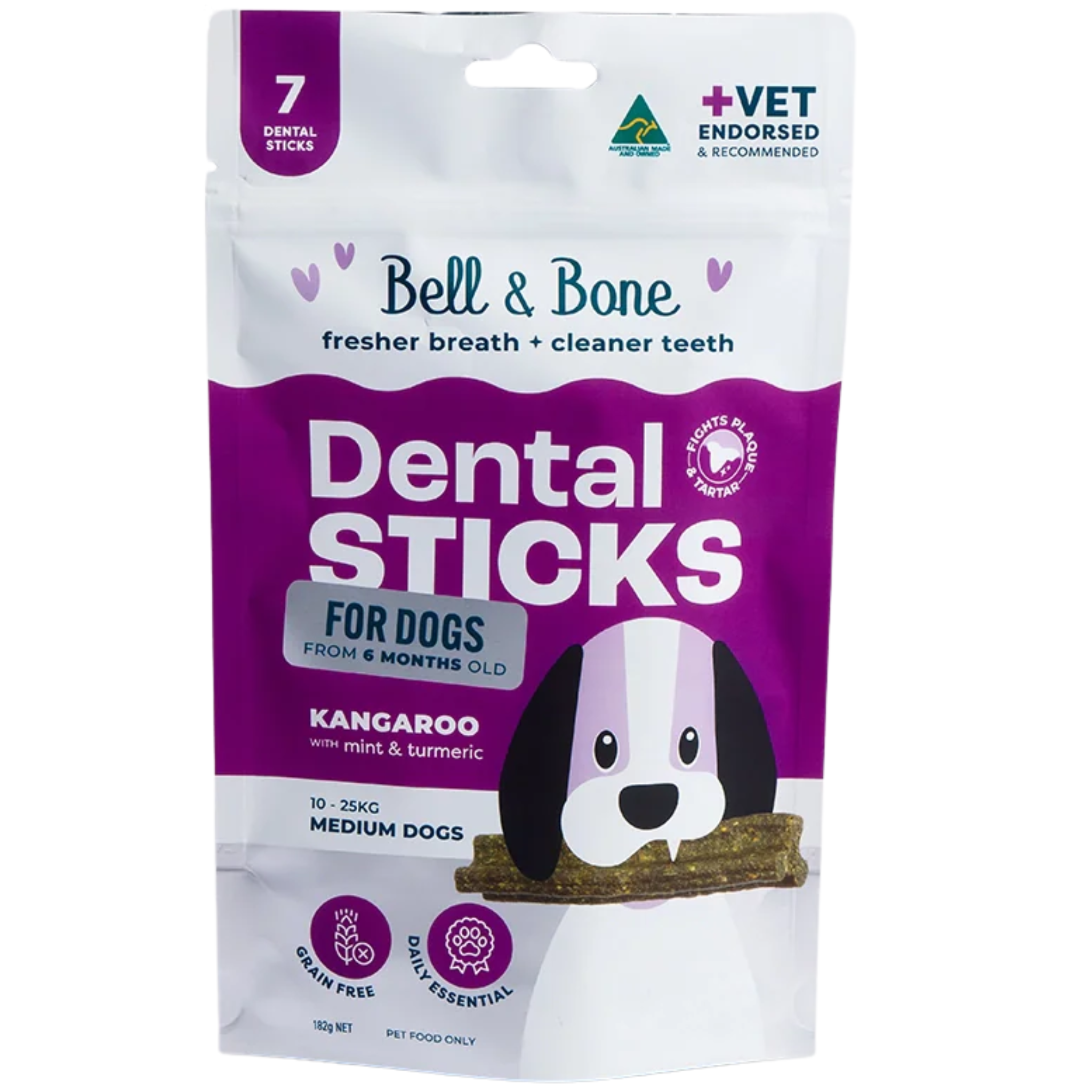 Bell and Bone Dental Sticks for Adult Dogs - Kangaroo, Mint & Turmeric