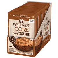 Row of twelve Wellness CORE Tiny Tasters Chicken & Turkey Pate wet cat food pouches