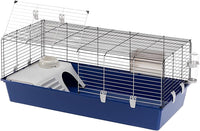 Ferplast Rabbit 120 cage, dark wire top on a navy blue base with a white platform and hideout