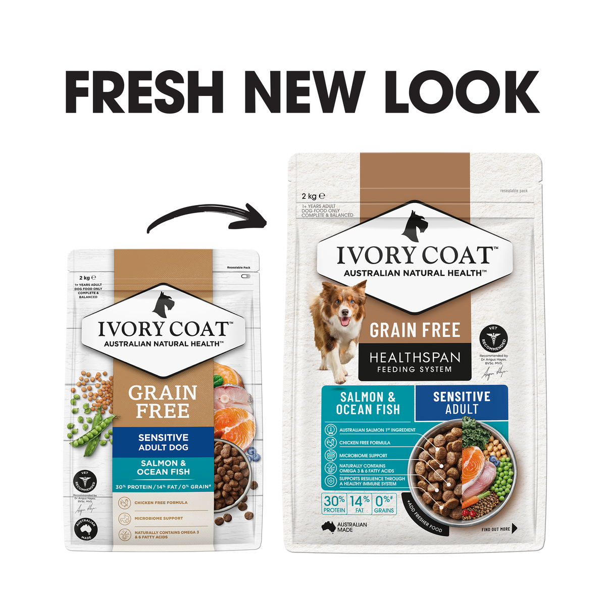 Ivory Coat packaging update: previous and new Grain Free Salmon and Ocean Fish bags