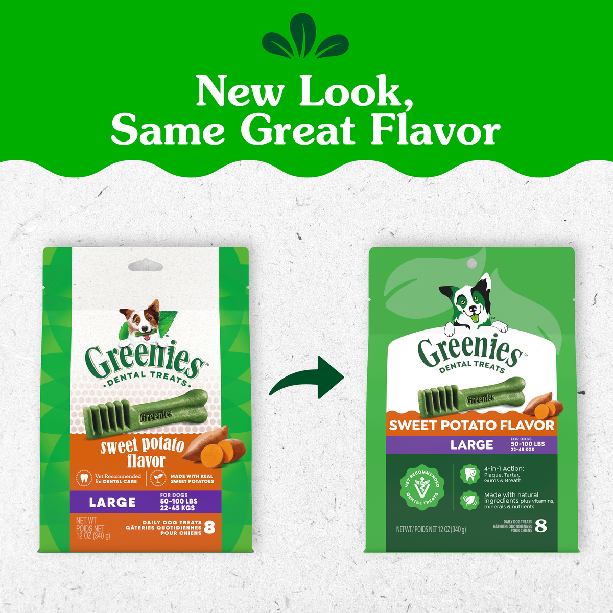 GREENIES packaging update: old and new Sweet Potato Flavour Large packs side by side