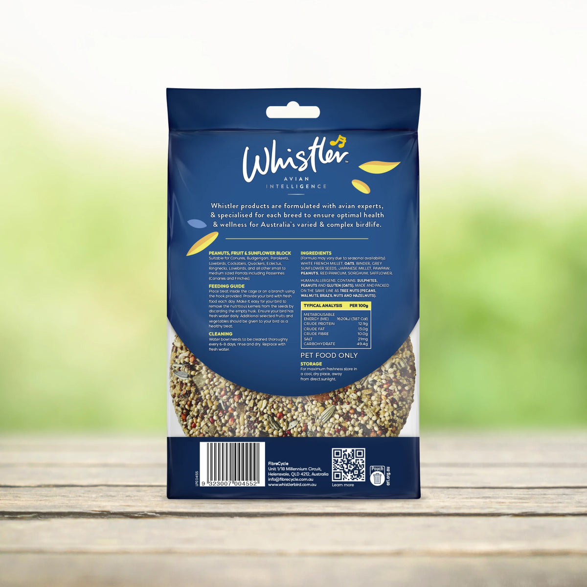 Whistler Small Wildbird & Parrot Block 725g - back of pack showing ingredients and feeding guide