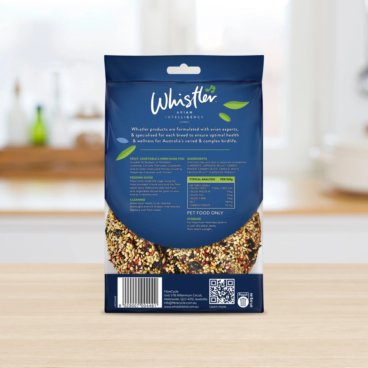 Whistler Budgie Hang Pod 300g - back of pack showing ingredients and feeding guide