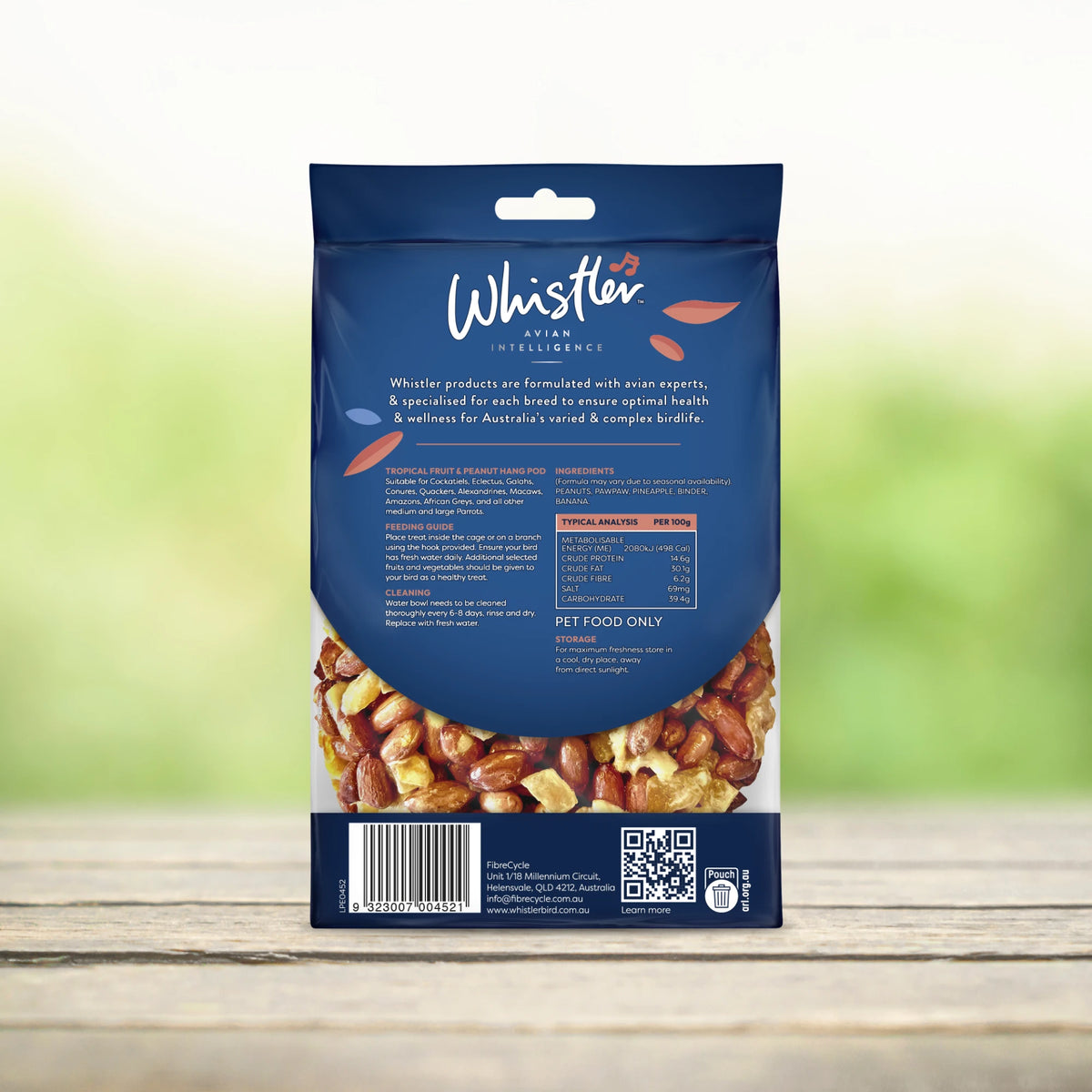 Whistler Parrot & Wildbird Tropical Blend Hang Pod 320g - back of pack showing ingredients and feeding guide