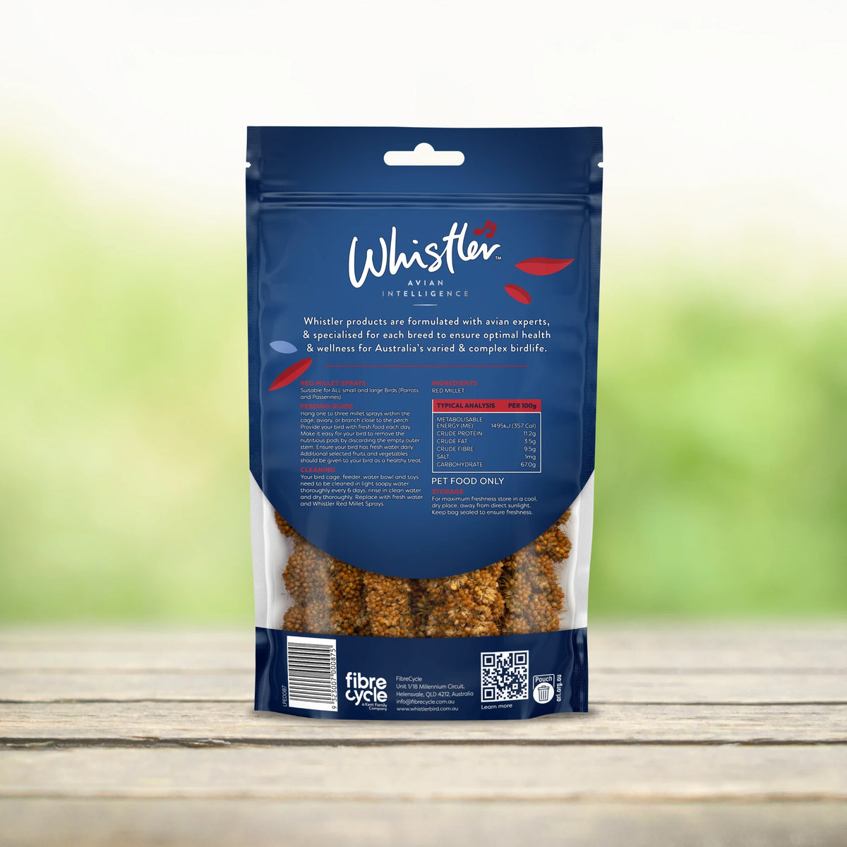 Whistler Natural Premium Red Millet Sprays - back of pack showing ingredients and feeding guide