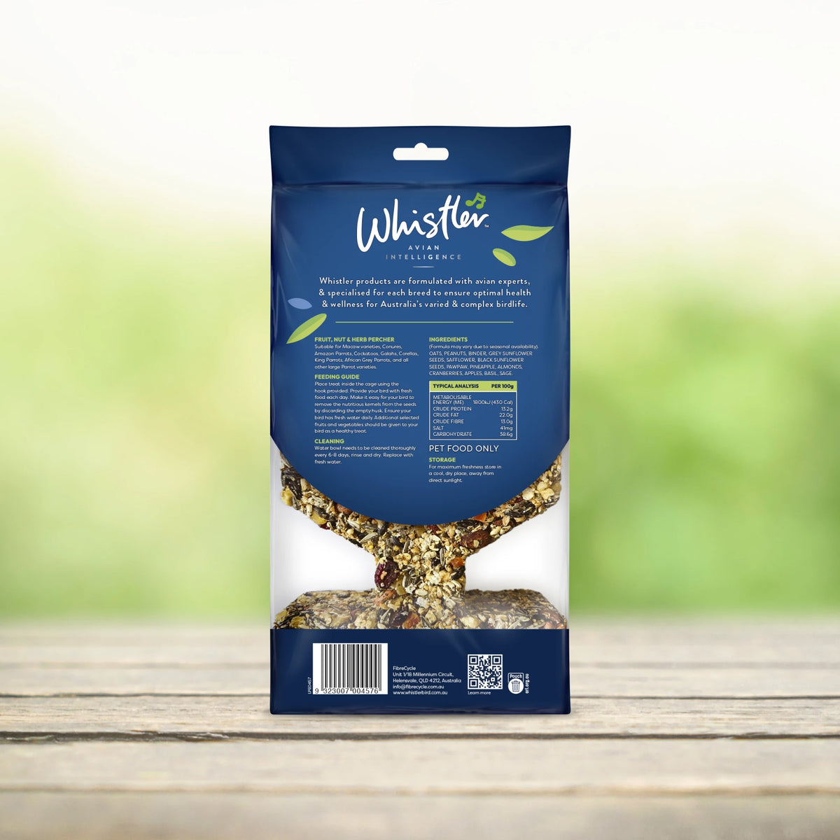 Whistler Large Parrot Percher 1.18kg - back of pack showing ingredients and feeding guide