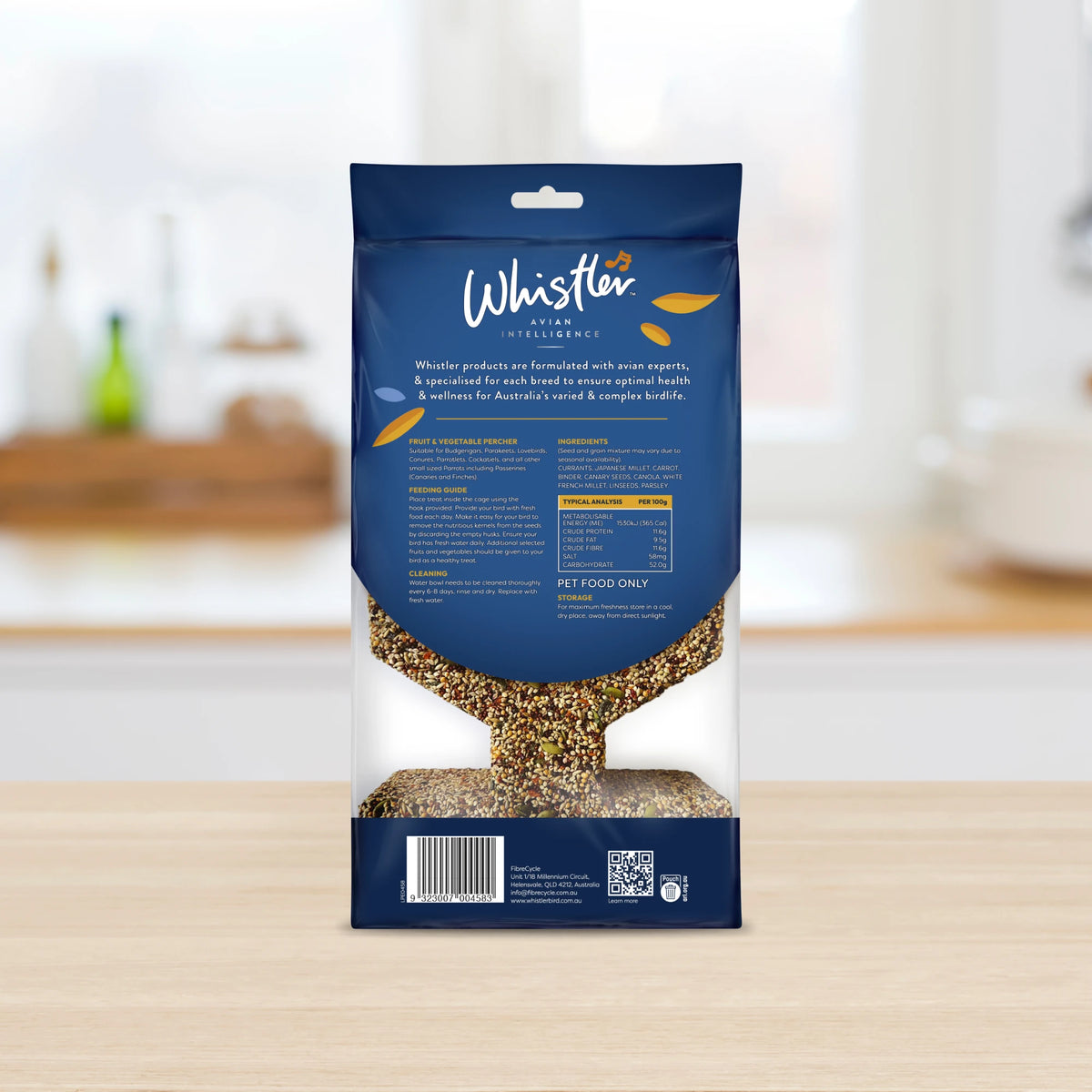 Whistler Small Parrot Percher 1.18kg - back of pack showing ingredients and feeding guide