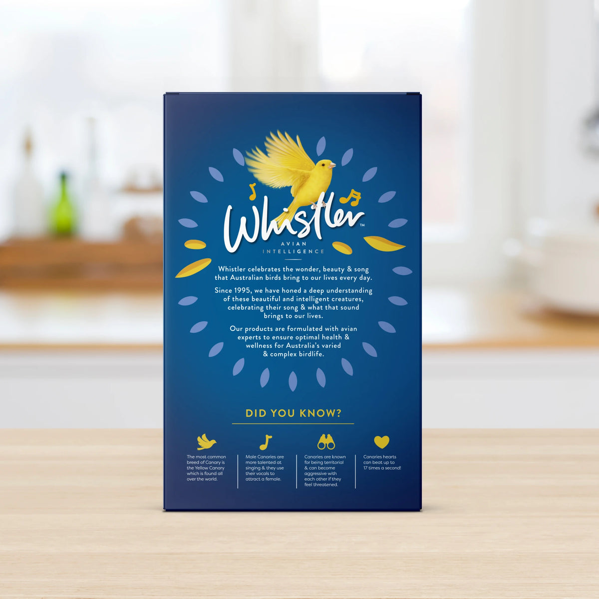 Whistler Canary & Finch Gourmet Blend 1.2kg - back of carton showing ingredients and feeding guide