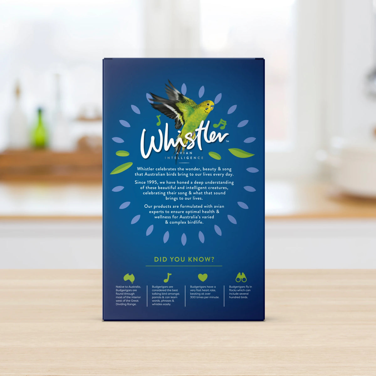 Whistler Budgie Gourmet Blend 1.2kg - back of carton showing ingredients and feeding guide