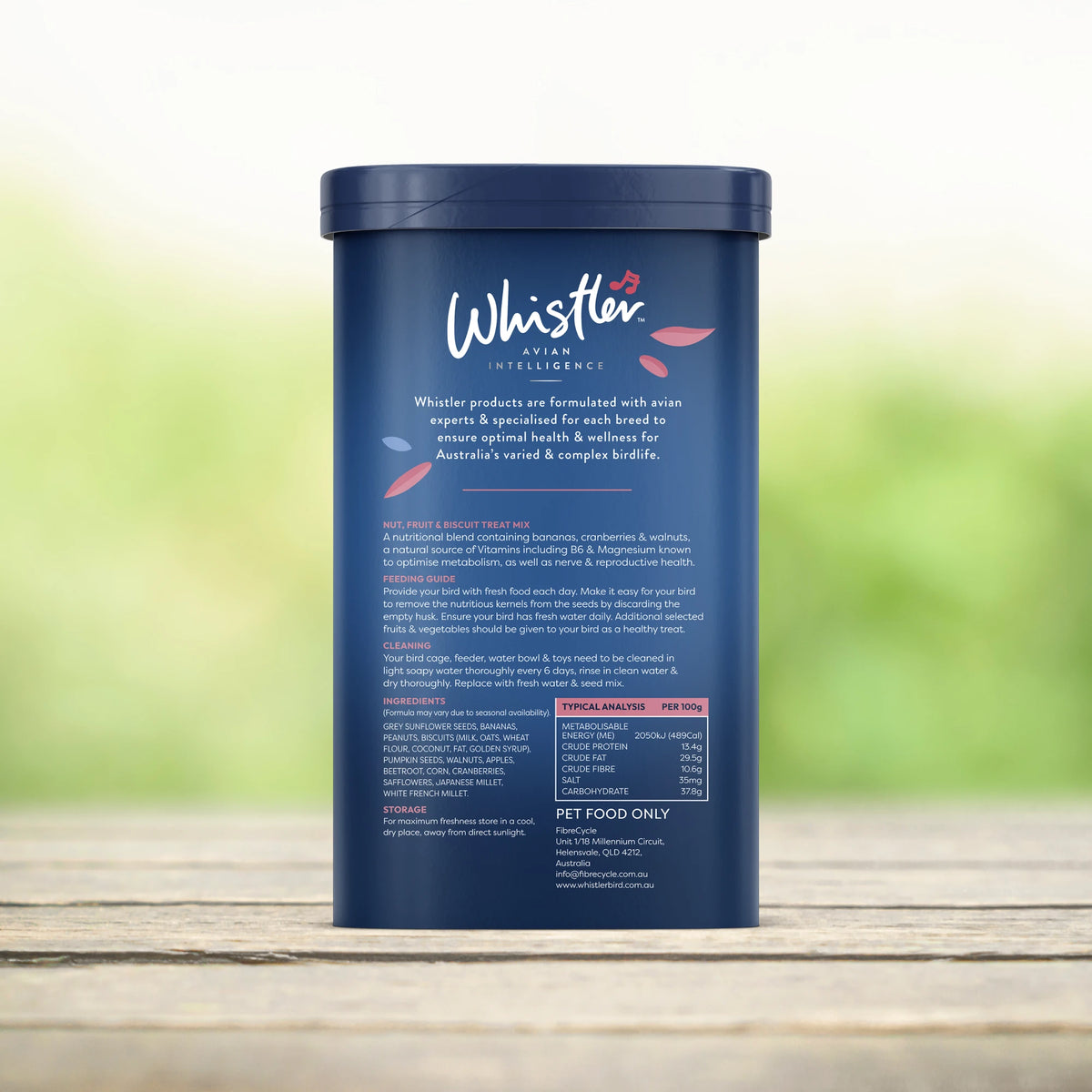 Whistler Medium Parrot Treat Mix 450g - back of tub showing ingredients and feeding guide