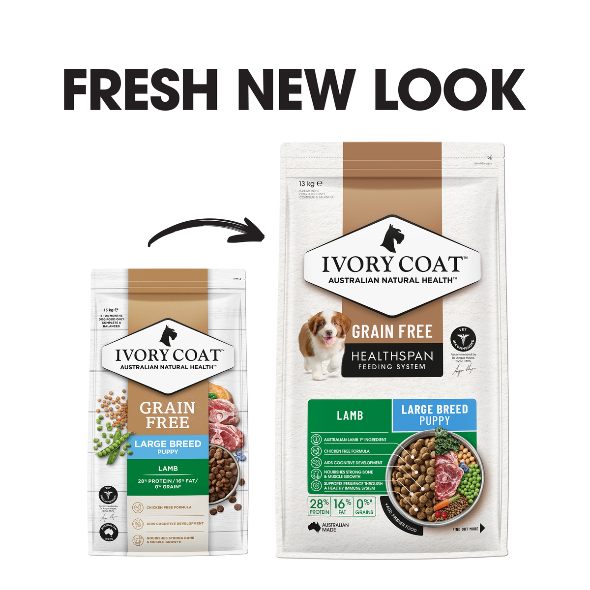 Ivory Coat packaging update: previous and new Grain Free Lamb Large Breed Puppy bags