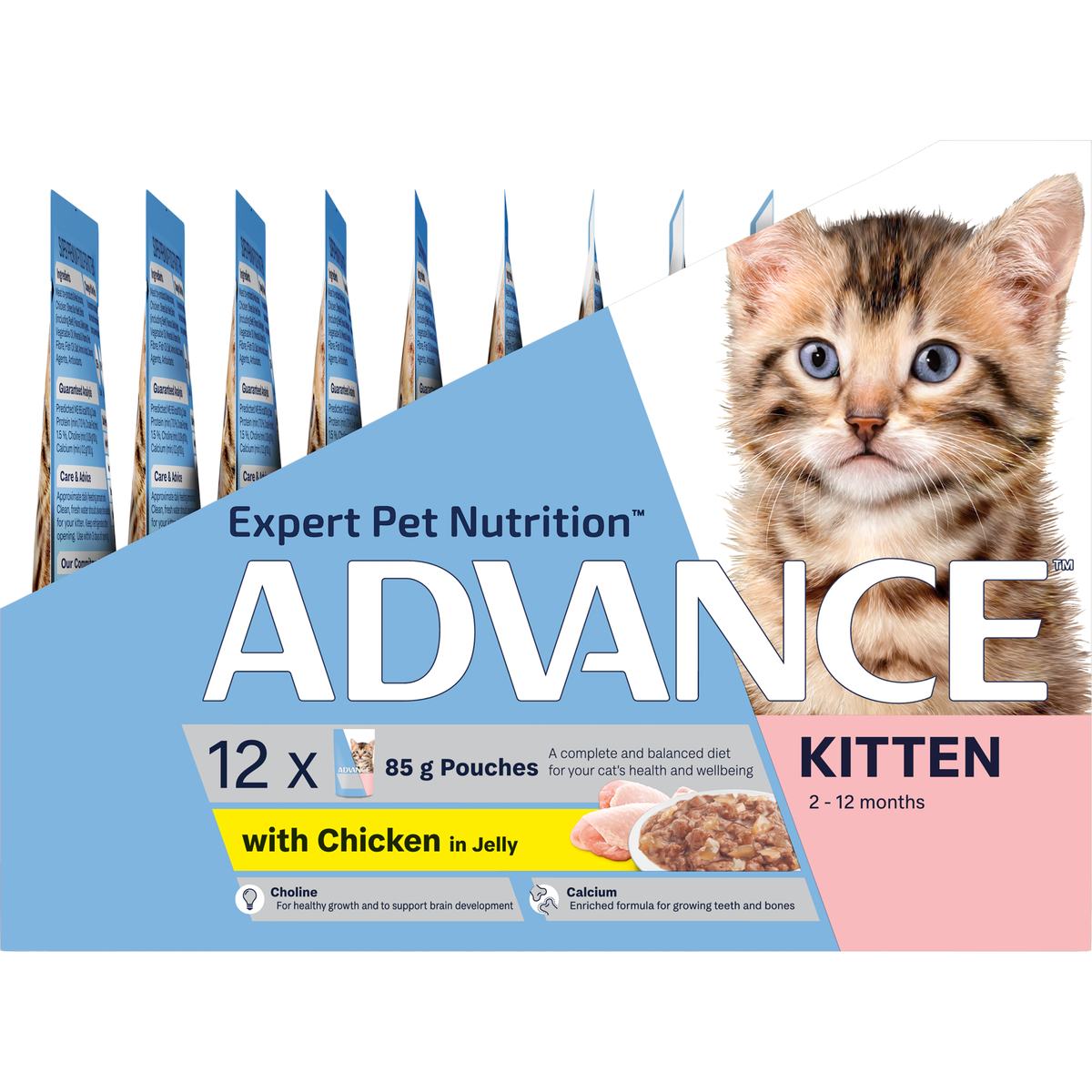 ADVANCE Kitten with Chicken in Jelly 12 x 85g pouch pack, alternate angle