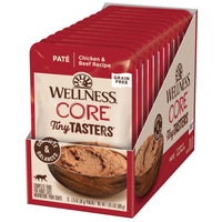 Row of twelve Wellness CORE Tiny Tasters Chicken & Beef Pate wet cat food pouches