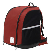 Ibiyaya Champion 3-in-1 backpack pet carrier in maroon and black, front view with reflective strip