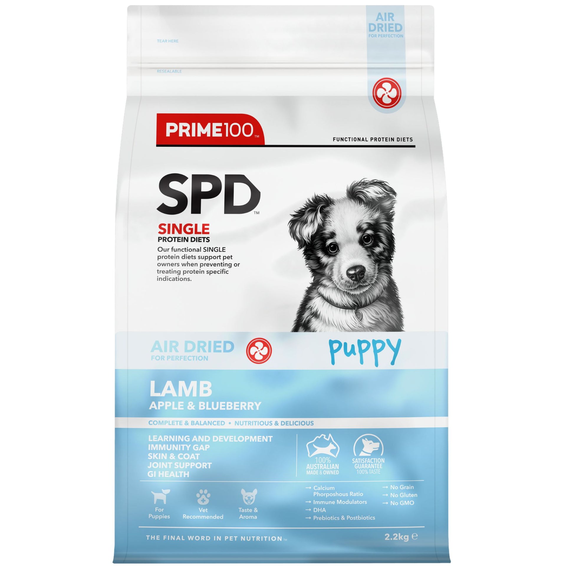 Prime100 SPD Air Dry Dog Food for Puppy Lamb, Apple Blueberry