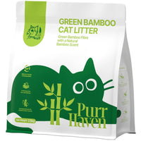 Purr Haven Green Bamboo Cat Litter bag, white pack with a green cat graphic