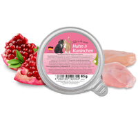 GranataPet Filet A La Carte Chicken & Coney 85g tray shown at an angle, with raw chicken breast and pomegranate