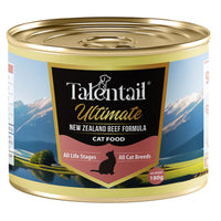 180g tin of Talentail Ultimate New Zealand Beef Formula cat food, front label