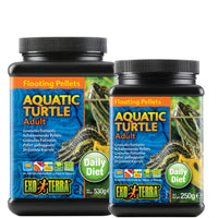 Exo Terra Aquatic Turtle Adult floating pellets shown in both the 250g and 530g tubs