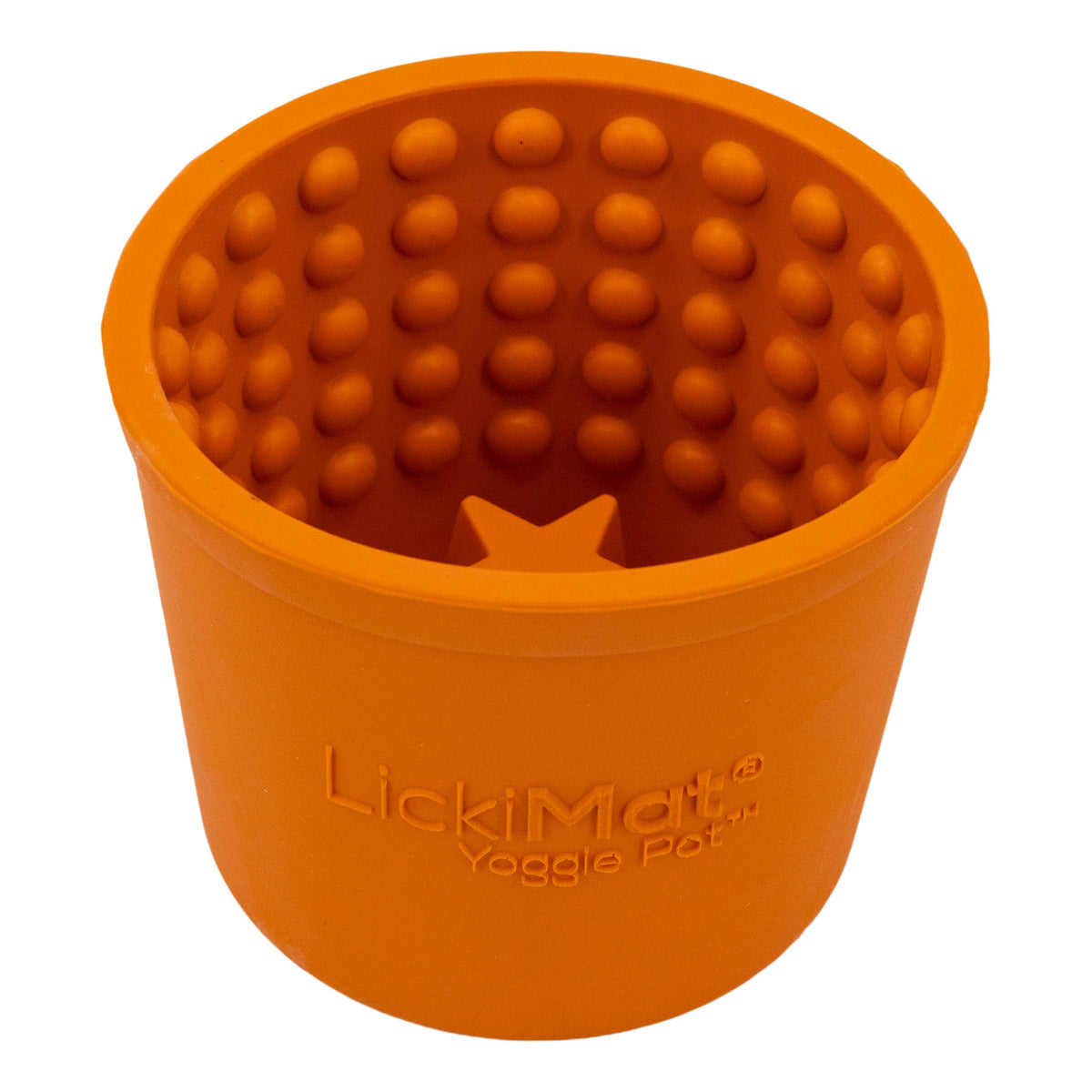 Orange LickiMat Yoggie Pot, nubbed inner wall with a raised star in the base