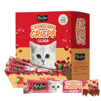Kit Cat Cranberry Crisps Salmon cat treats, retail display carton with stick packs fanned out in front