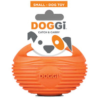 Orange Doggi ball dog toy with a moulded carry handle in its small Catch and Carry pack