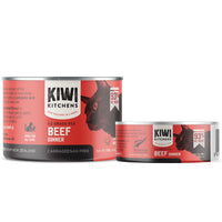 Kiwi Kitchens Beef Dinner canned cat food, the 170 g and 85 g cans shown side by side.