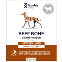Korure Pets Beef Bone Broth Powder for dogs, 50 g carton with a dog graphic and grass-fed beef flag.